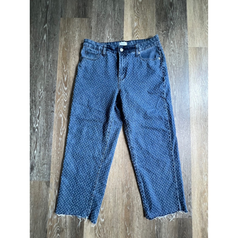 Time and Tru Straight Leg Jeans Womens 12 Blue Textured Tufted Raw Hem Denim